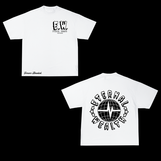 Eternal Wealth White T-Shirt - Black and White Globe Design